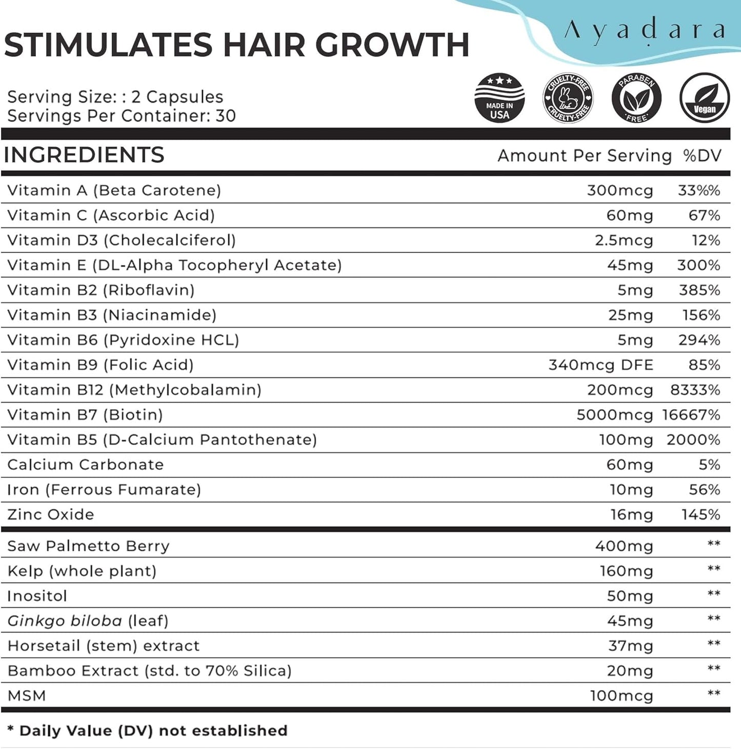 Ayadara Hair Skin and Nails Vitamins 60 Capsules