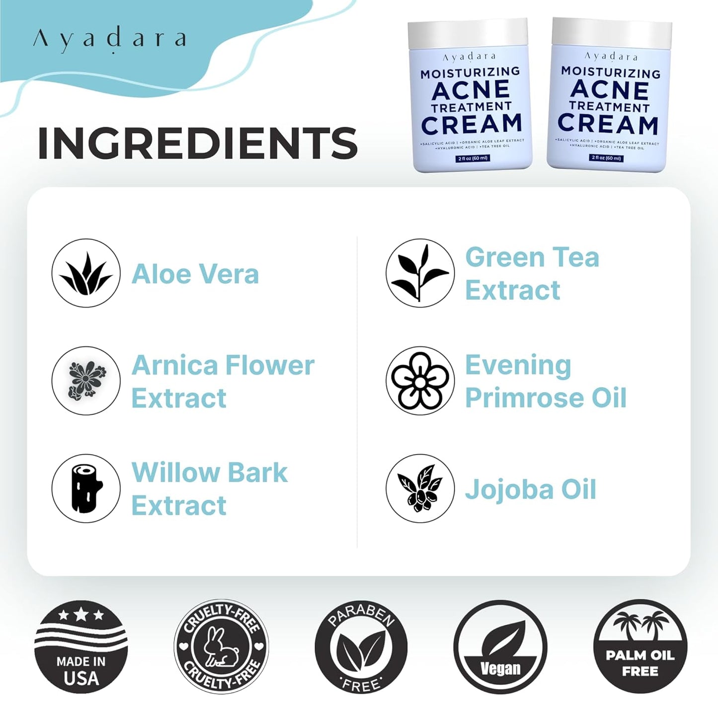 Ayadara Breakout Warrior Acne Cream Moisturizer for Face and Body 2 fl oz