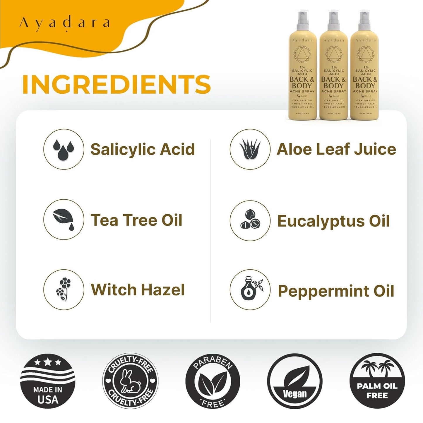 Ayadara Acne Treatment Body Spray 4 fl oz (3 Pack)