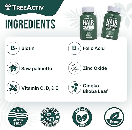 TreeActiv Hair Savior Supplement 60 Capsules | Hair Vitamins for Hair Growth, Hair Growth Supplement with Biotin, Vitamins for Hair Growth Women and Men