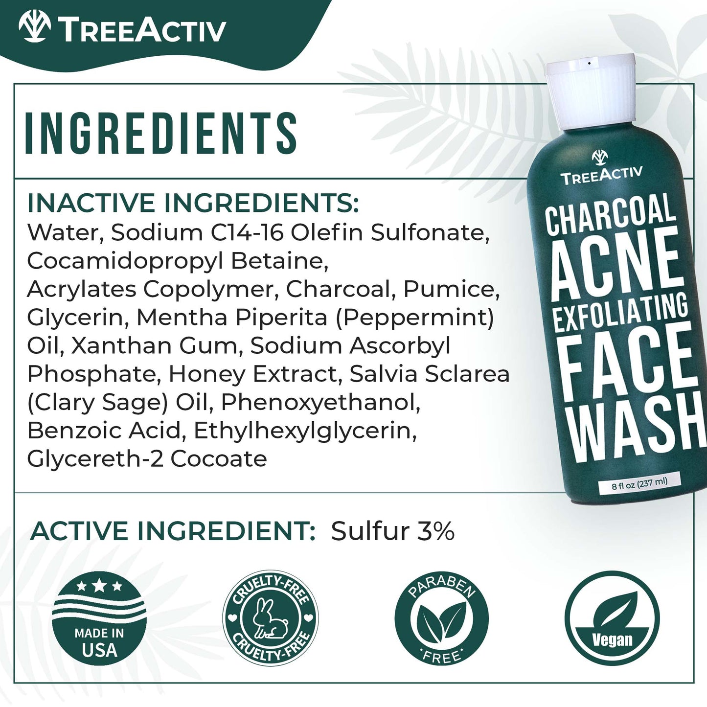 TreeActiv Acne Eliminating Face Cleanser 8 fl oz | Natural Exfoliating Formula